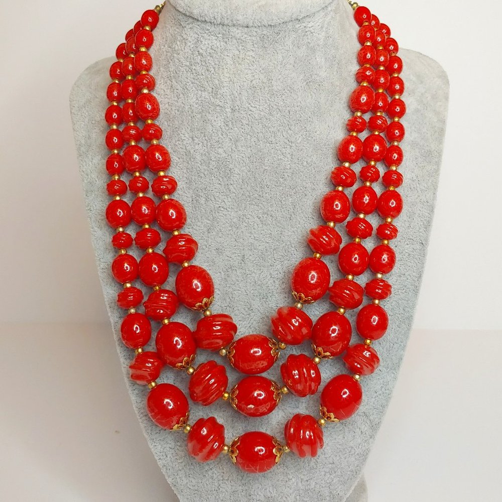 Vintage 3-Strand Red Beaded Necklace 17"